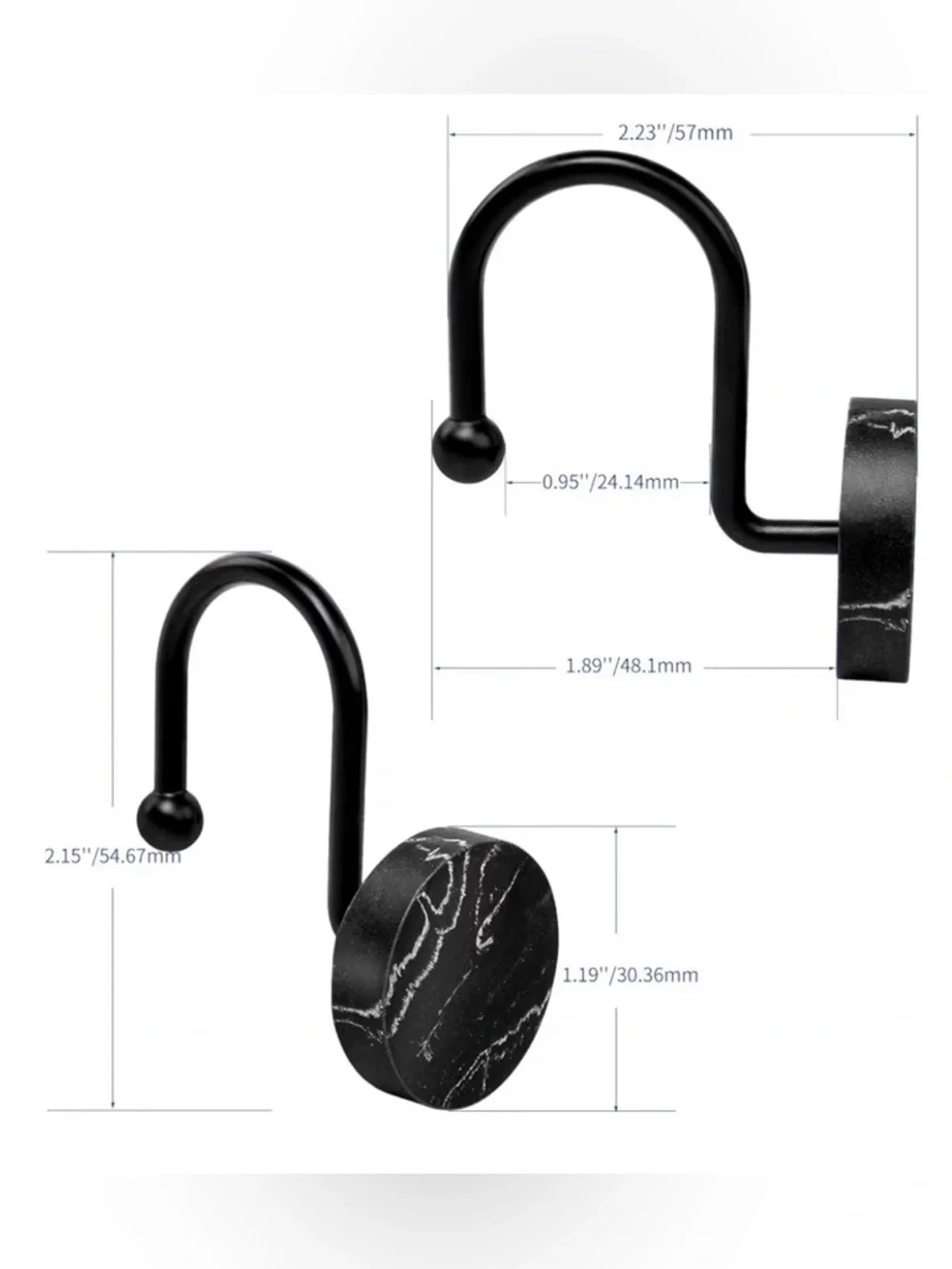 Shower Curtain Hooks- Black Marble Look- Set of 12